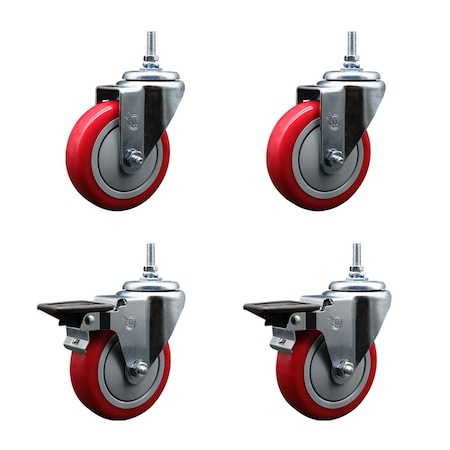 Service Caster 4 Inch Red Polyurethane 12 MM Threaded Stem Caster Set 2 Brakes SCC SCC-TS20S414-PPUB-RED-M1215-2-PLB-2
